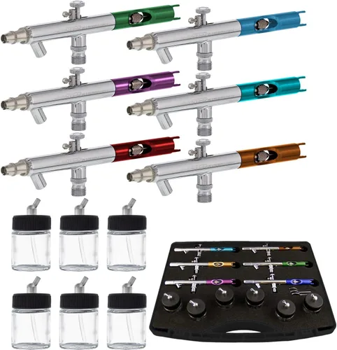 Master Airbrush S66-PRO - Juego de 6 piezas de aerógrafo de alimentación por sifón de doble acción con puntas de 0.35mm, botellas de 3/4 oz, mangos