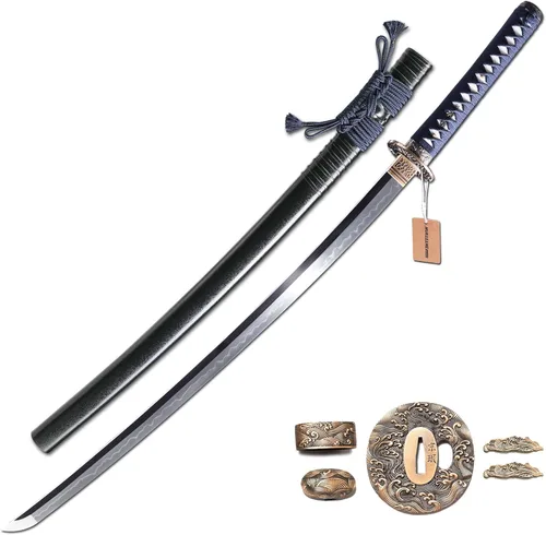 Miniatura 10 de MURASAME Katana Sword T10 - Maquinilla de afeitar de acero templado de 41 pulgadas, hoja afilada, espiga completa hecha a mano Dragón amarillo
