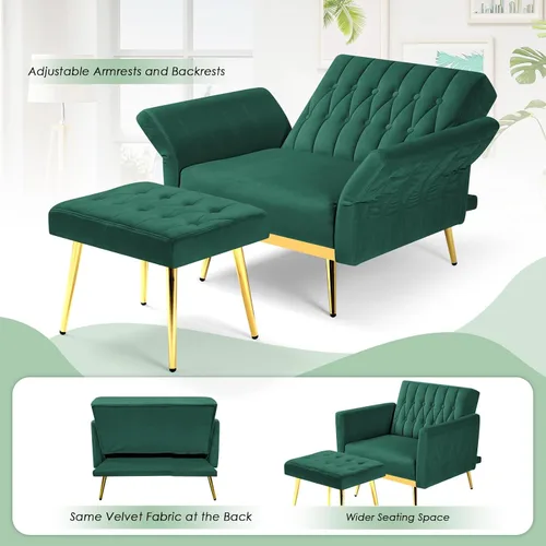 Miniatura 5 de Silla decorativa de terciopelo con respaldo y reposabrazos ajustables, sillón reclinable individual con otomana y patas mentales doradas para sala
