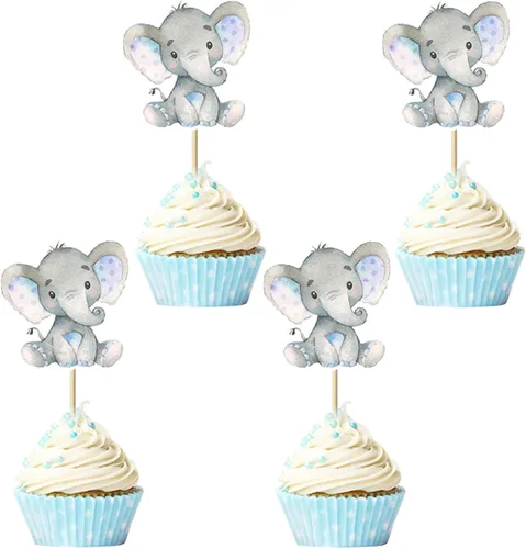 24 piezas de decoración de cupcakes de elefante azul para decoración de cupcakes con temática de elefante, baby shower, niños, niños o niñas,