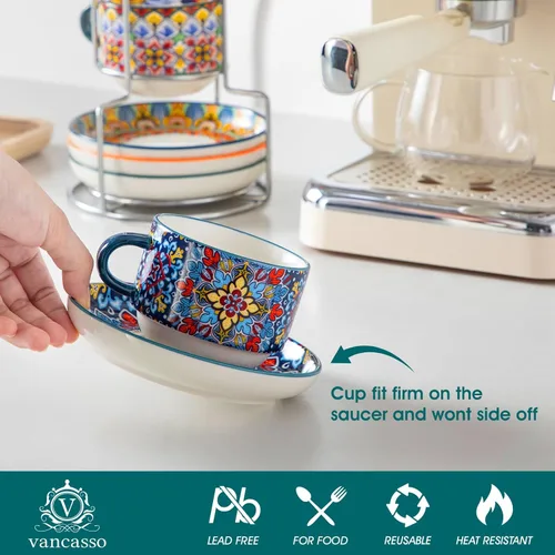 Miniatura 3 de vancasso Juego de 4 tazas de café espresso apilables de 8 onzas con platillos y soporte de metal, tazas de capuchino de cerámica bohemia, aptas