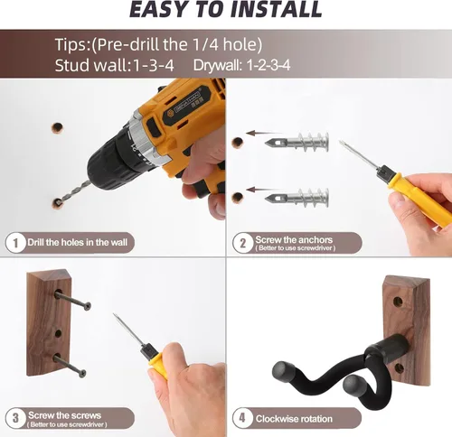 Miniatura 5 de Soporte de pared para guitarra, ganchos para guitarra, soporte para guitarras acústicas y eléctricas, bajo, banjo mandolina, base de madera de nogal