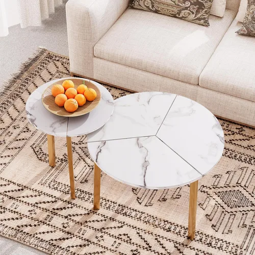 Miniatura 17 de COSIEST - Juego de mesa auxiliar redonda moderna y mesa auxiliar, tapa de madera con aspecto de mármol falso, patas de nogal y crema blanca, mesa