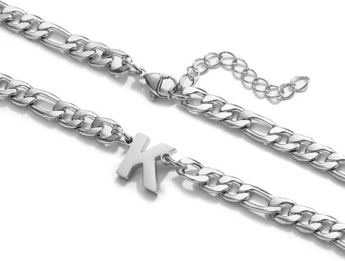 Miniatura 5 de GLITTO Collar de cadena Figaro con inicial A-Z para hombres, niños y mujeres, colgante de letra, acero inoxidable, 0.256in, 18+2 pulgadas, regalo