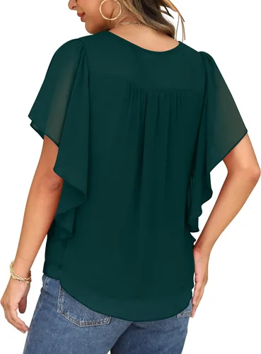 Miniatura 4 de QIXING Blusas de gasa con cuello redondo y cuello redondo de verano para mujer