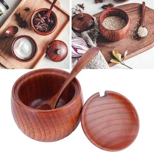 Miniatura 7 de Olla de especias de madera, bodega de sal de madera natural con tapa y cuchara, contenedor de azúcar, tarro de especias vintage, recipiente