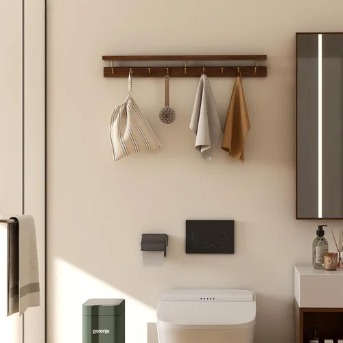 Miniatura 5 de Ganchos de pared de nogal con estante, perchero de pared, estante colgante de entrada con 9 ganchos de latón para sombreros, ropa, toallas, bolsos