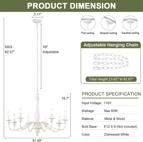 Miniatura 3 de Candelabros de granja para comedor, 6 luces envejecidas blancas francesas de campo, lámpara rústica de madera vintage, lámpara colgante