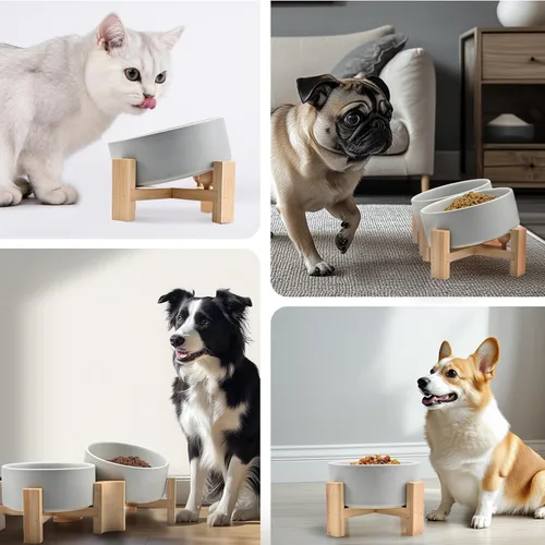 Miniatura 9 de SPUNKYJUNKY Cuenco de cerámica inclinado de 15° para perros y gatos con soporte de madera, cuenco inclinado para comida y agua para bulldog Gris