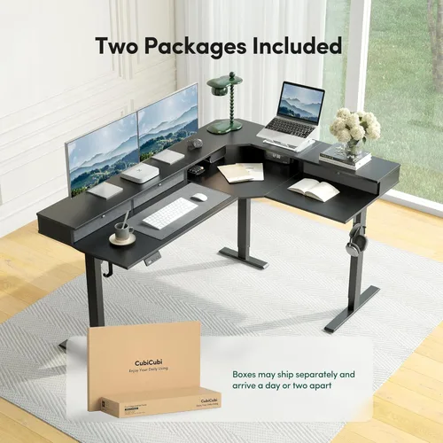 Miniatura 9 de CubiCubi 63x48 Inches L Shaped Standing Desk with 3 Drawers and Monitor Shelf, Height Adjustable Corner Computer Desk with Hooks, Sit Stand Up