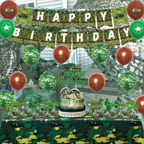 Miniatura 4 de Decoraciones de fiesta de cumpleaños de camuflaje para niños, niñas y adultos, pancarta de camuflaje de feliz cumpleaños, mantel, globos de látex