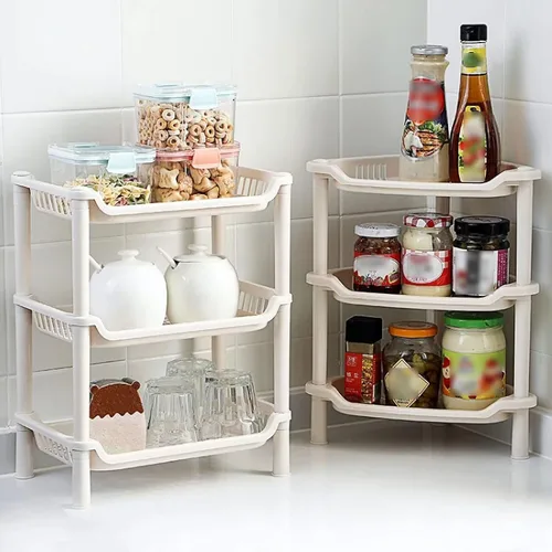 Miniatura 6 de Organizador de ducha de 3 niveles, estante esquinero de plástico rosa, estante de escritorio multifuncional hueco para escritorio, organizador