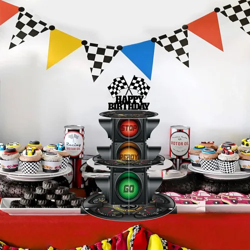 Miniatura 6 de Soporte redondo de 3 niveles para cupcakes con tema de luz de señal, soporte para postres con temática de coche, decoración de fiesta de cumpleaños