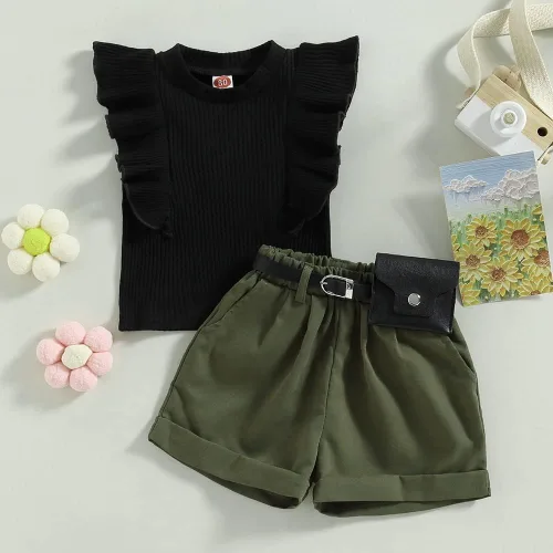 Miniatura 169 de TheFound Trajes de verano para niñas pequeñas, sin mangas, de punto acanalado, halter, pantalones cortos, ropa para recién nacidos, conjunto de 3