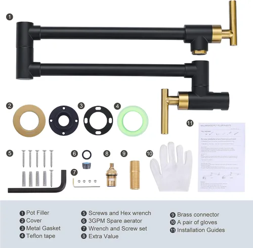 Miniatura 7 de WOWOW Grifo Llenador de Ollas Negro Dorado, Grifo Llenador de Ollas de Latón Macizo Montaje en Pared para Estufa de Cocina con Brazos Giratorios