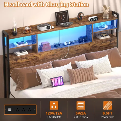 Miniatura 4 de Aheaplus Cabecero para Cama Tamaño Queen con Almacenamiento, Cabeceros con Luz LED, Tomas de Corriente, Puertos USB Cabecero Tamaño Queen, Cabecero