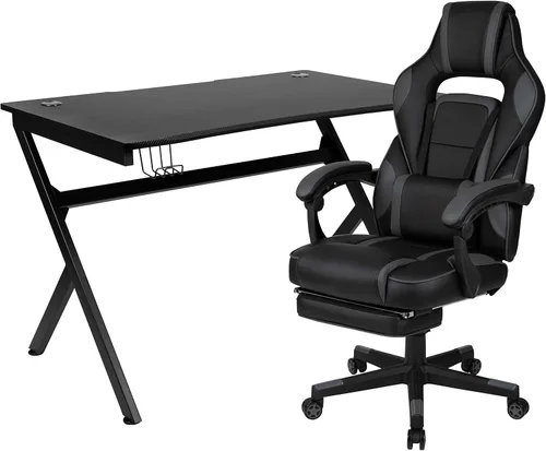 Miniatura 78 de Flash Furniture Juego de escritorio para juegos negro y silla de carreras blanco/negro con soporte para tazas, gancho para auriculares y soporte