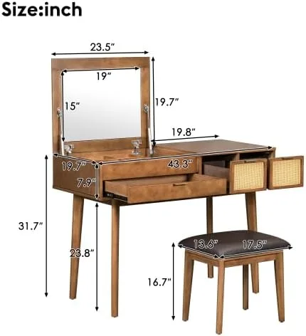 Miniatura 3 de Escritorio de tocador de 43.3 pulgadas con espejo abatible y taburete, moderno juego de mesa de maquillaje con 3 cajones, juego de tocador