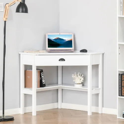 Miniatura 2 de HOMCOM Escritorio esquinero, escritorio triangular para computadora con cajón y estantes de almacenamiento para espacios pequeños, estación