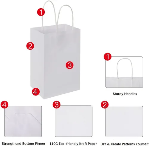 Miniatura 6 de Oikss Cada paquete de 100 bolsas de regalo de papel kraft blanco pequeño y mediano con asas a granel
