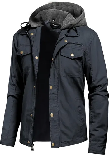 Miniatura 11 de Pursky Chaqueta de lona de algodón militar casual para hombre con capucha desmontable