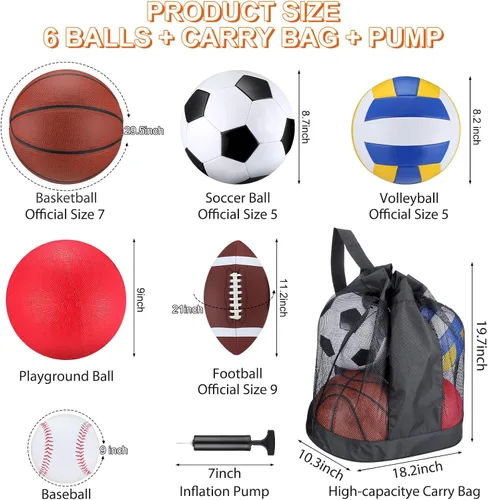 Miniatura 2 de Libima Juego de 6 Pelotas Multideporte de Tamaño Oficial Fútbol Baloncesto Fútbol Soccer Voleibol Pelota de Patio Béisbol con Bolsa de Equipo