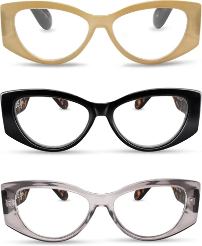 2SeeLife Paquete de 3 lentes de lectura tipo ojo de gato de gran tamaño para mujer, ajuste medio ancho, marco duradero y resistente, lectores de ojo