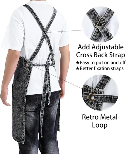 Miniatura 5 de Delantal Tobyan de Mezclilla de Algodón Suave - Delantal Unisex Ajustable con Babero de 5 Bolsillos Perfecto para Cocinas