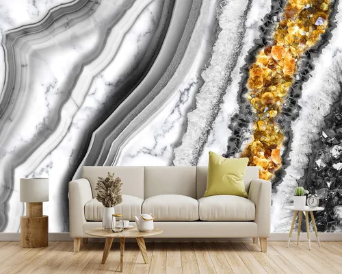 Miniatura 2 de Papel tapiz de tela mármol negro y dorado para sala de estar, arte abstracto, dormitorio, baño, mural de pared grande - 160 x 108 pulgadas