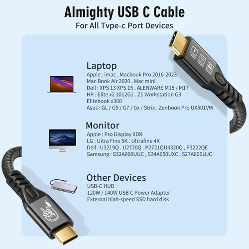 Miniatura 8 de Cable USB C 3.2 Gen 2X2 20Gbps, tipo C 4K a 60Hz UHD Video 5A/240W PD3.1 Carga rápida con E-Marker Compatible con Thunderbolt 3/4 MacBook Pro