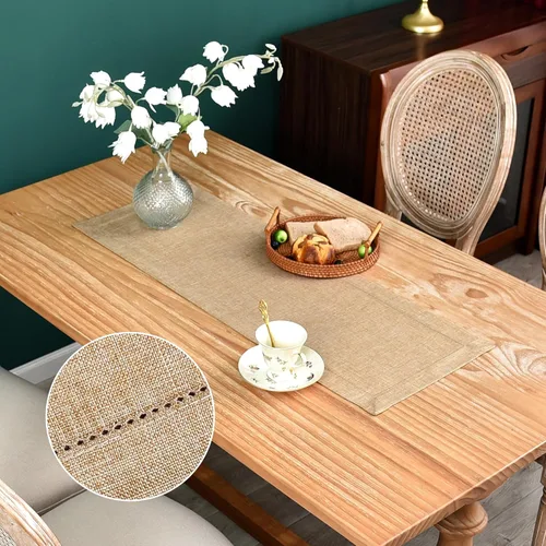 Miniatura 9 de NEWISHER Camino de mesa rústico de lino sintético con borde de vainica, decoración de mesa rectangular beige sólido para comedor, mesa auxiliar
