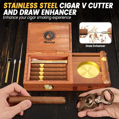 Miniatura 5 de Juego de humidor y cenicero con forro de madera de cedro, con cortador de puros, higrómetro, humidificador, potenciador de dibujo, bandeja de whisky