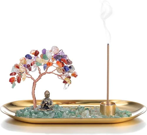 Jovivi Soporte de incienso de cristal para palos, piedra de cristal curativo, árbol de dinero, juego de estatua de Buda, quemador de incienso,