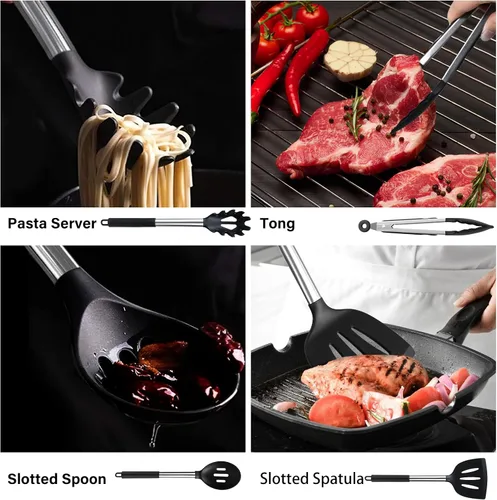 Miniatura 4 de KSENDALO Juego de 26 utensilios de cocina de silicona negra no tóxicos con cucharas, pinzas resistentes al calor, batidor y soporte, aptos