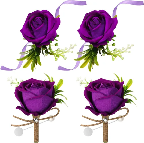 Miniatura 10 de Aoriher Juego de 4 ramilletes y boutonniere para fiesta de boda, 2 pulseras de ramillete de rosas para baile de graduación, dama de honor, Azul