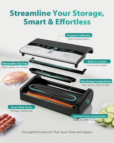 Miniatura 6 de 90kPa - Sellador al vacío 10 en 1 para alimentos, doble sellado térmico para porciones de carne a granel, modos secos y húmedos, cortador integrado