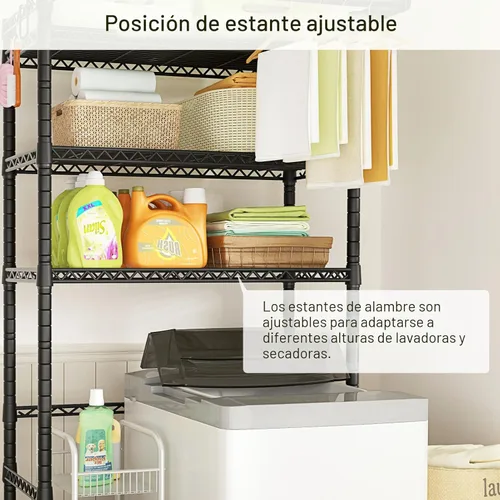 Miniatura 4 de Ulif U11 Estantes sobre Lavadora y Secadora, 3 Niveles de Almacenamiento y Organizador para Cuarto de Lavado Estante de Pie, Tendedero de Ropa Negro