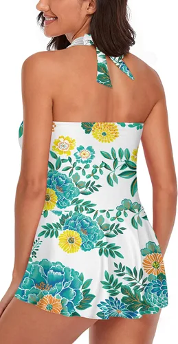 Miniatura 3 de Traje de baño tankini halter para mujer, de dos piezas, con control de abdomen, cuello en V, fluido con pantalones cortos
