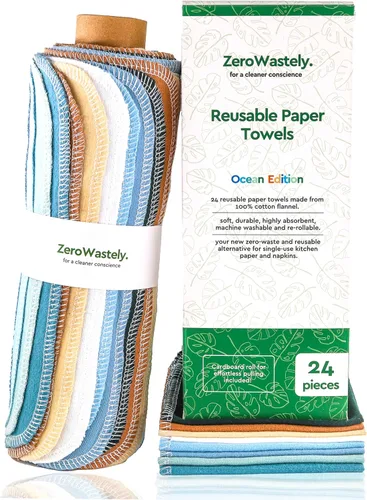 Toallas de papel reutilizables, paquete económico de 24 toallas de papel sin papel. 100% algodón, súper suaves, absorbentes, lavables y hechas para