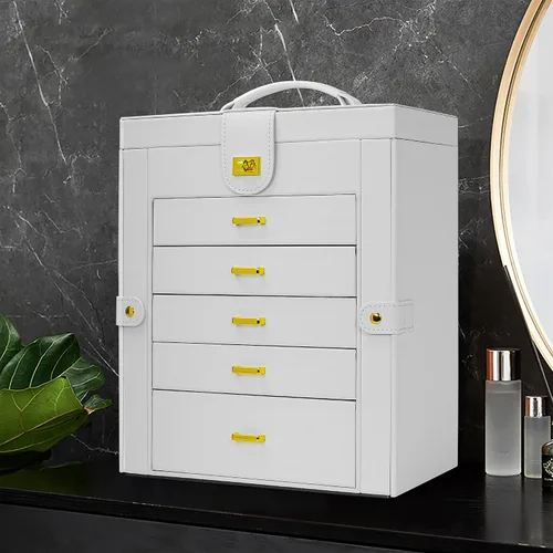 Miniatura 8 de AKOZLIN Organizador funcional de joyería de 6 niveles con 5 cajones, estuche de almacenamiento de joyas de cuero para mujeres y niñas, anillo