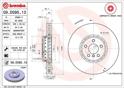 Miniatura 2 de Brembo 09.D095.13 Rotor de freno ventilado recubierto UV compuesto de dos piezas BMW/BMW (BRILLIANCE)/TOYOTA OEM # 34116860912
