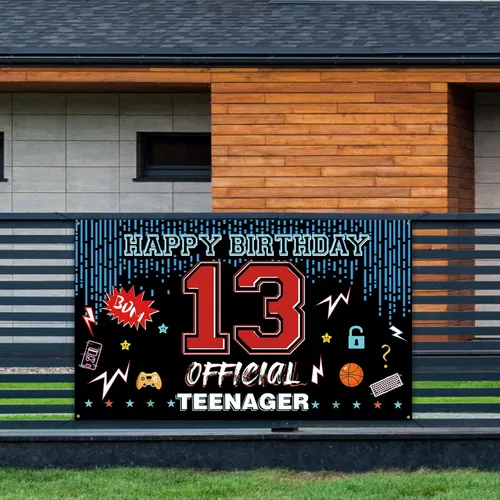 Miniatura 6 de Cartel oficial de telón de fondo para puerta de cumpleaños de 13 años, decoraciones de feliz cumpleaños para niños y niñas, rojo y azul de 13 años