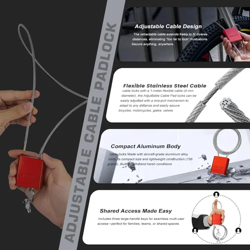 Miniatura 5 de Candado de cable con 3 llaves L 6.56 pies (2m), D 1/6 pulgadas (4mm) Candado de cable de acero ajustable Cerraduras de aluminio para bicicletas