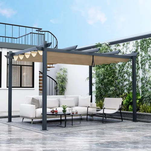 Tangkula Pérgola para exteriores de 10 x 13 pies con toldo retráctil, pabellón de aluminio resistente para patio, terraza, jardín, patio, beige