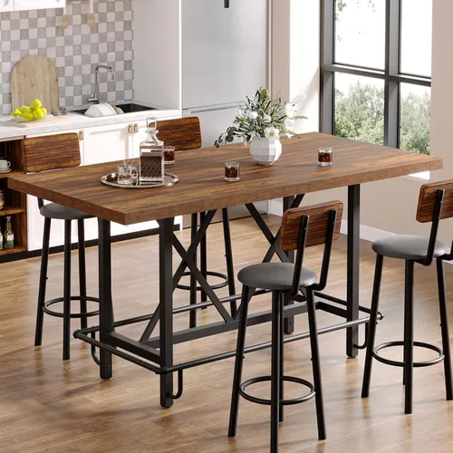 Miniatura 9 de Tribesigns Mesa de bar, mesa de pub industrial de altura de mostrador con reposapiés de metal, mesa de comedor rectangular de madera de 63 pulgadas