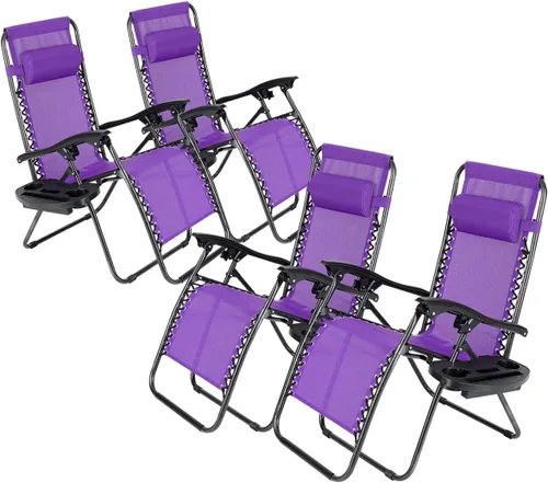 Miniatura 12 de Juego de 4 sillas reclinables de gravedad cero de malla de acero para acampar al aire libre con reposapiés, ajustable, almohada, bandeja, beige