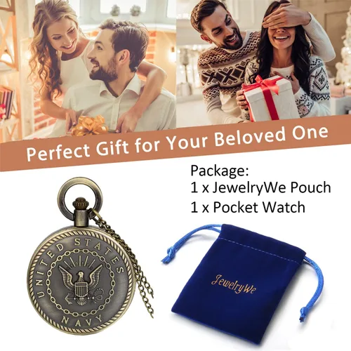 Miniatura 7 de JewelryWe Reloj de bolsillo retro de bronce para hombre, reloj de cuarzo de veteranos del Cuerpo de Marines de los Estados Unidos para Navidad