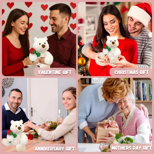 Miniatura 6 de Oso de peluche blanco con rosa de 9 pulgadas, lindo oso de peluche pequeño suave para San Valentín, boda, aniversario, regalo de cumpleaños