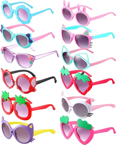 Weewooday 12 pares de lentes de sol para niños, diseño de fresa, gato, flor, corazón, para fiesta, caricatura, gafas de sol para niños