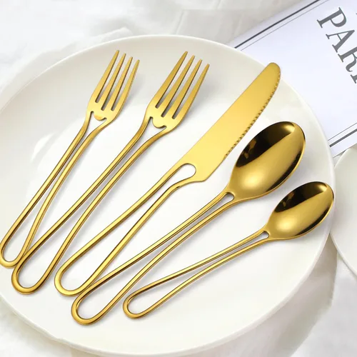 Miniatura 2 de Juego de Cubiertos de Platería Dorados Huecos de 20 Piezas para 4, Cubiertos de Cocina de Acero Inoxidable, Tenedores, Cucharas y Cuchillos, Oro